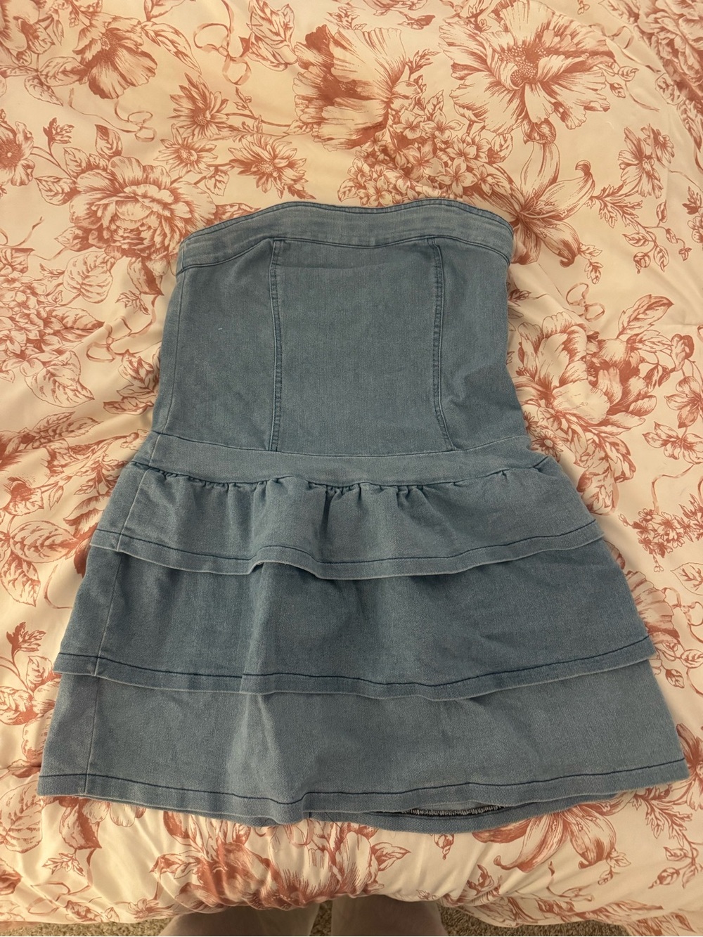 Denim Strapless Ruffle Mini Dress - Light Blue
